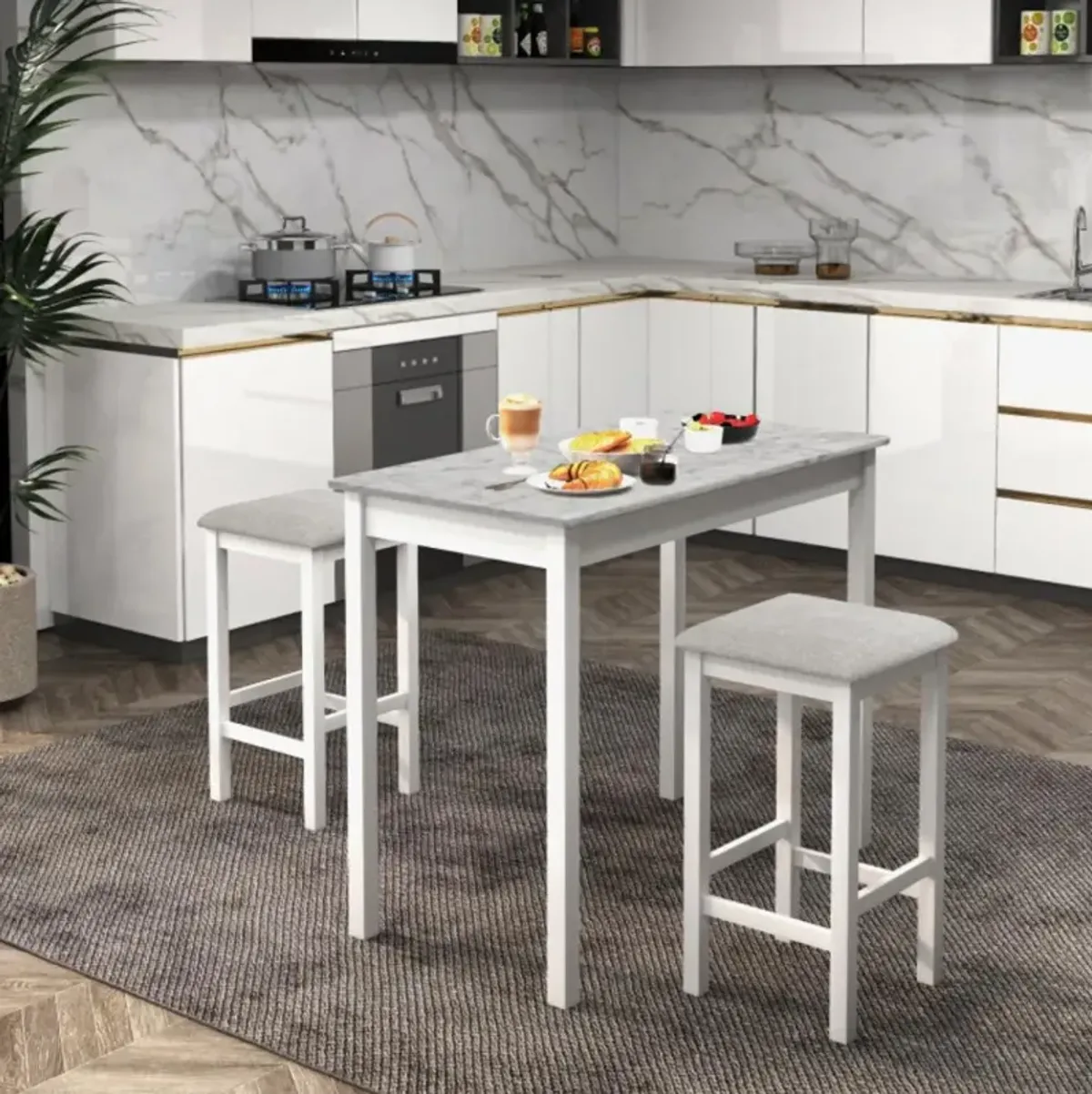 Hivvago Counter-Height Dining Table and 2 Linen Fabric Padded Bar Stools