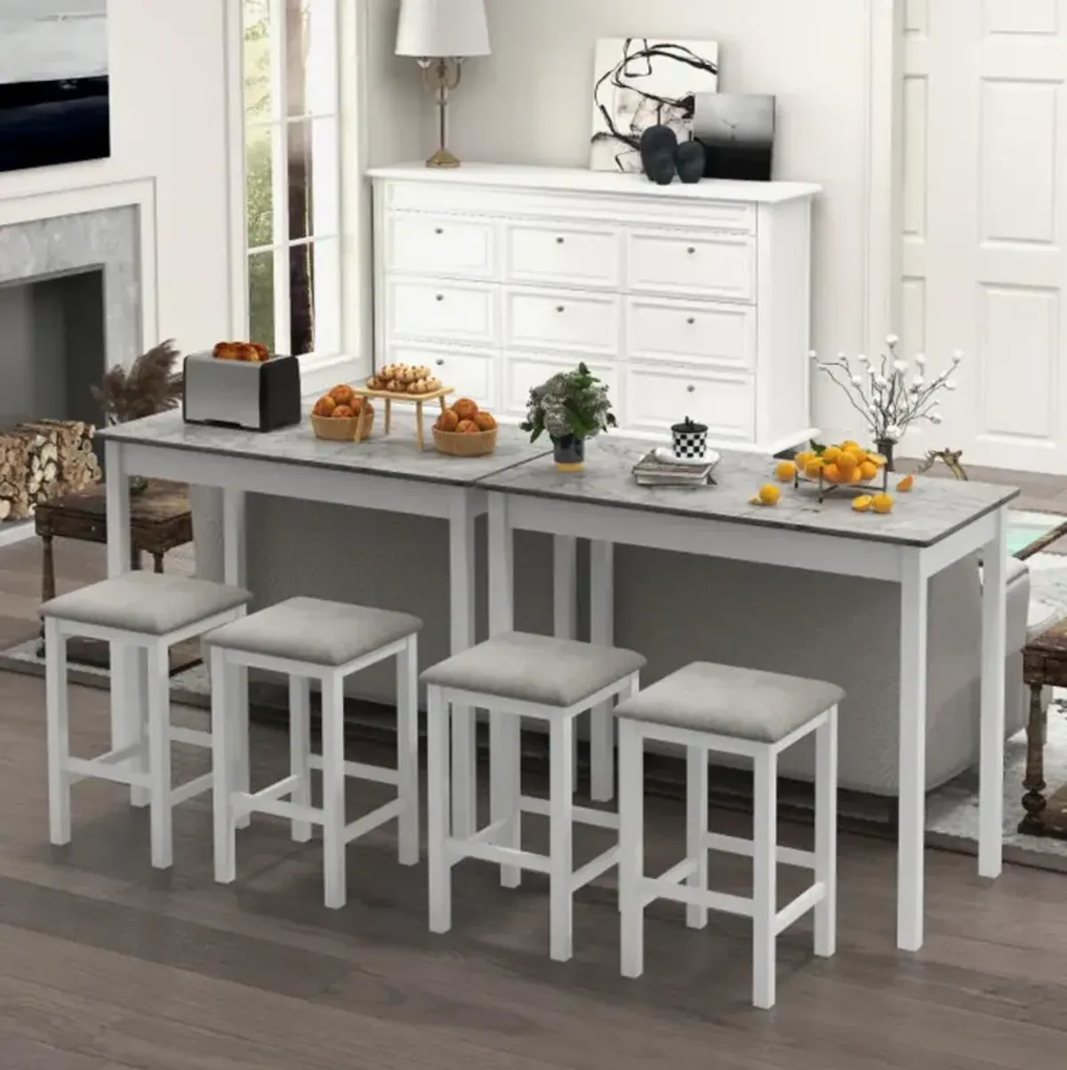 Hivvago Counter-Height Dining Table and 2 Linen Fabric Padded Bar Stools
