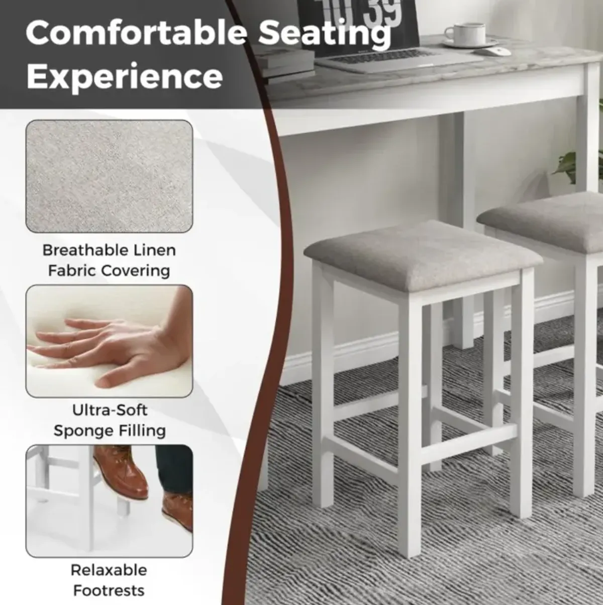 Hivvago Counter-Height Dining Table and 2 Linen Fabric Padded Bar Stools