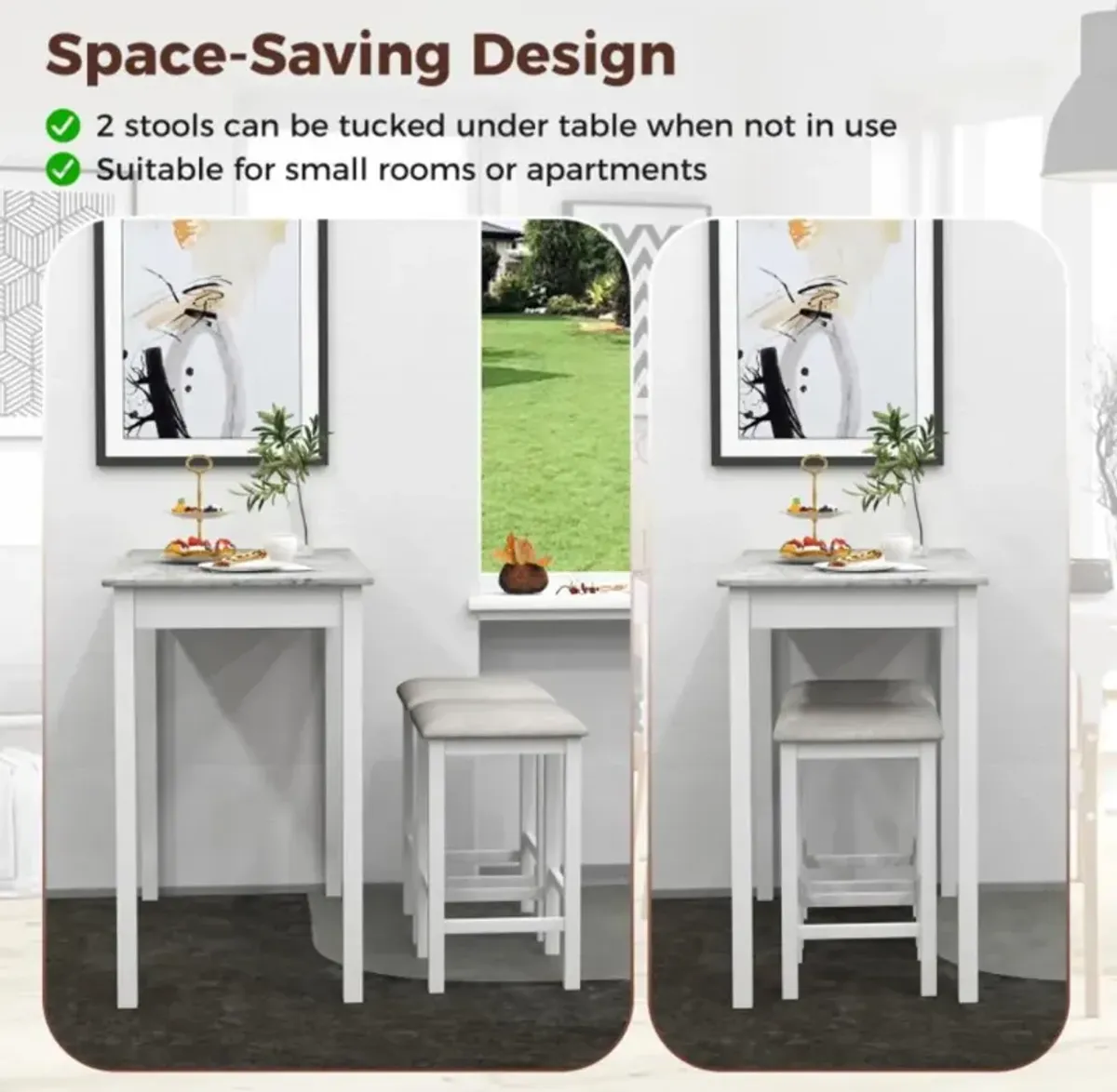 Hivvago Counter-Height Dining Table and 2 Linen Fabric Padded Bar Stools