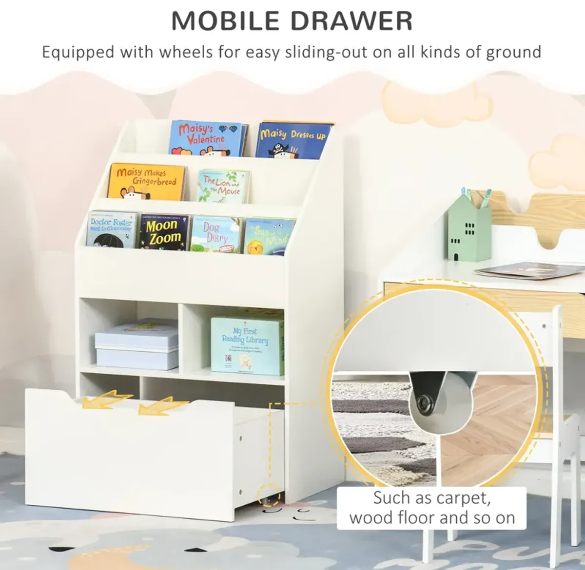 White Kids' Bookshelf: Multi-Shelf Organizer with Drawer