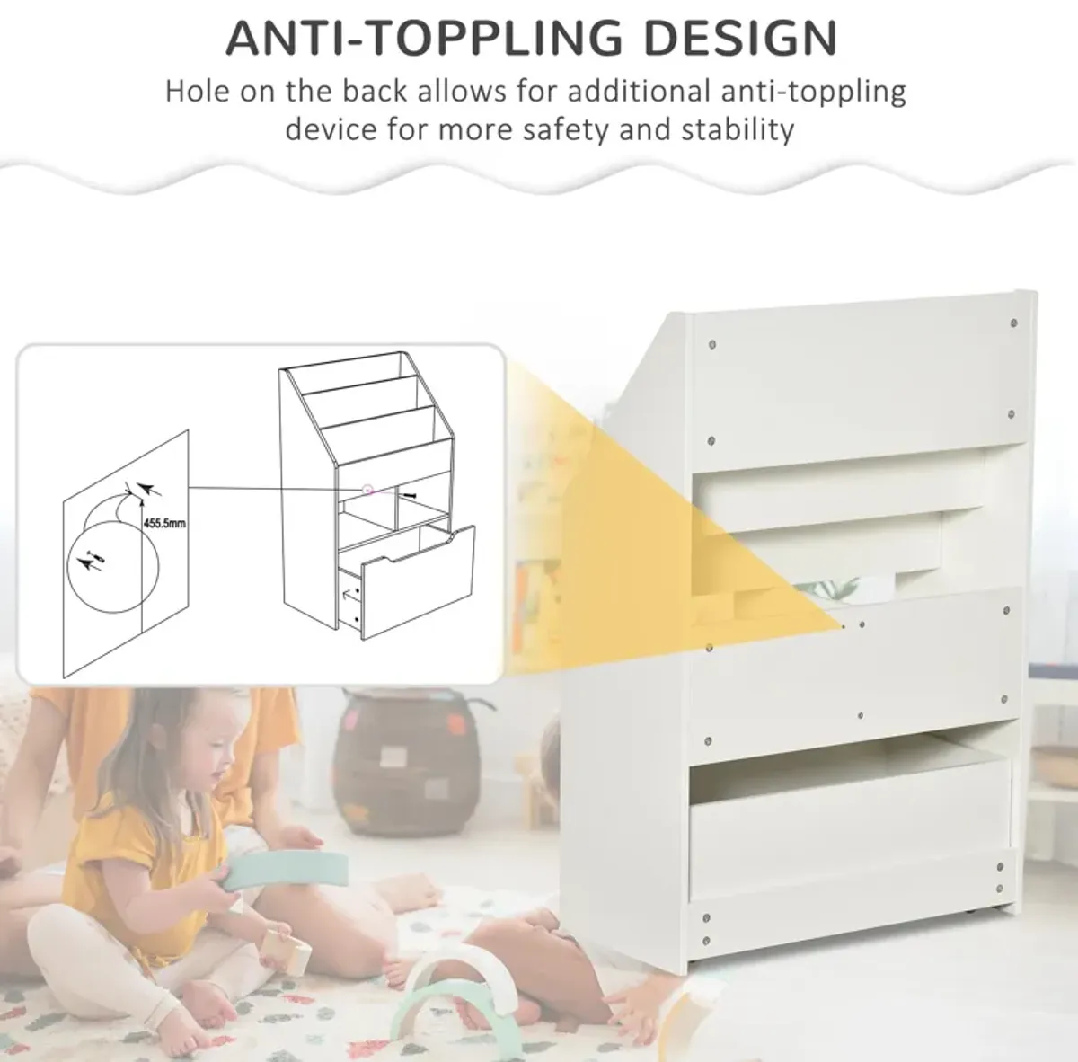 White Kids' Bookshelf: Multi-Shelf Organizer with Drawer