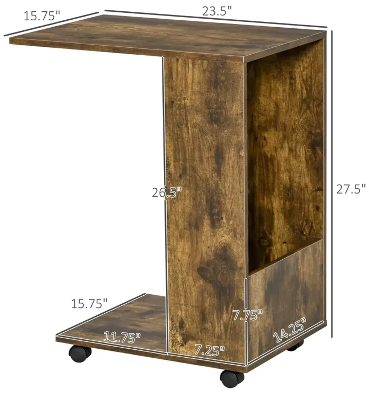 Rustic Brown Side Table: C-Shape Mobile End Table with Storage