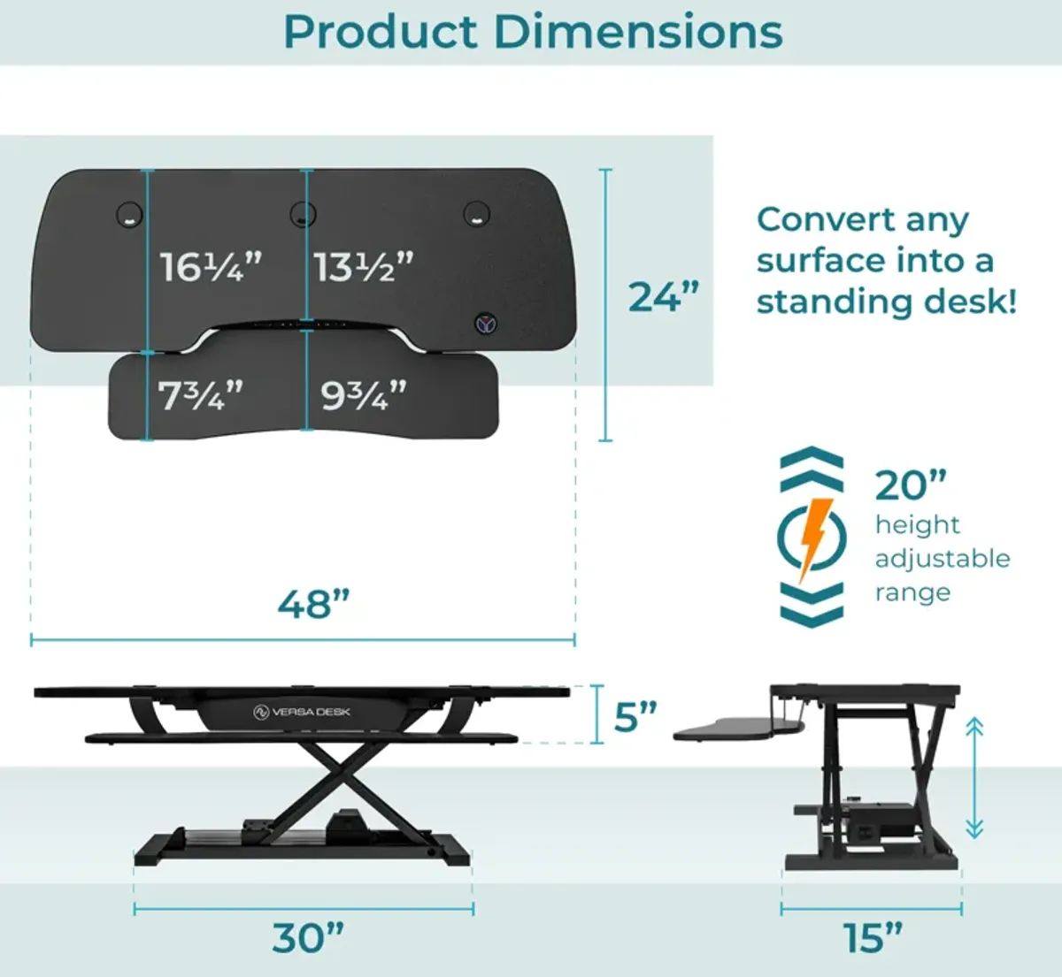 VersaDesk PowerPro® 48"W Electric Adjustable Standing Desk Converter, Black