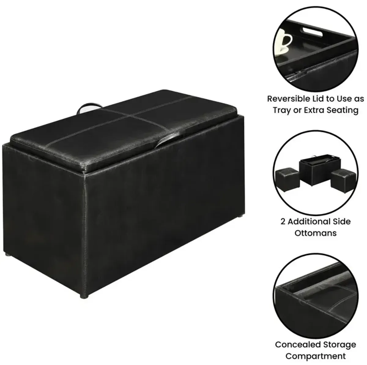 Convience Concept, Inc. Comfort Sheridan Storage Ottoman with Reversible Tray and 2 Side Ottomans