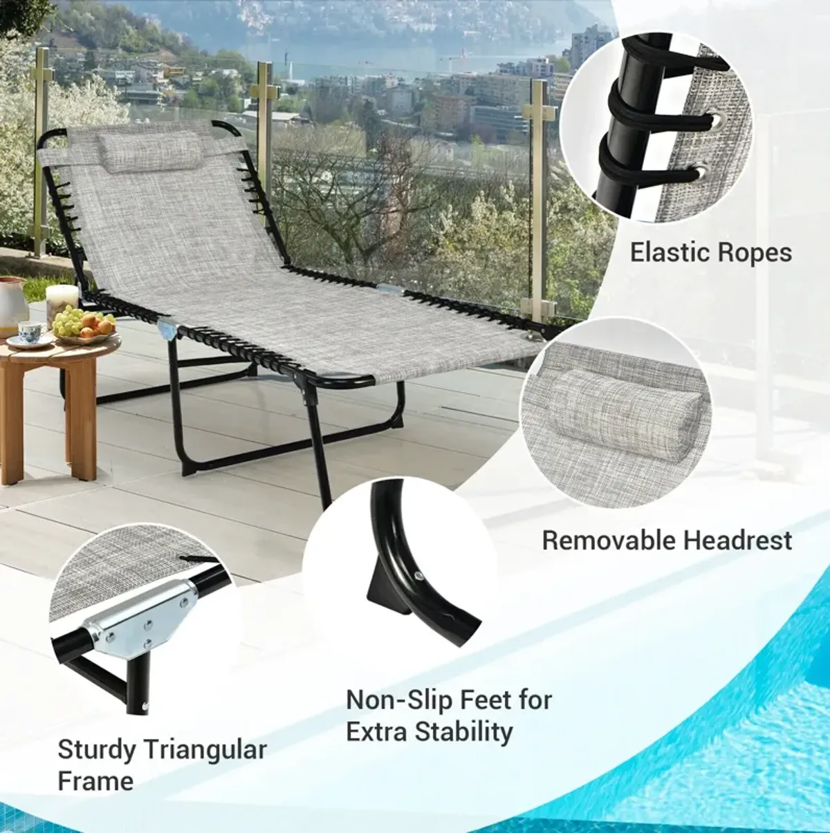 4 Position Folding Lounge Chaise with Adjustable Backrest and Footrest