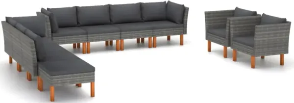 vidaXL 10 Piece Garden Lounge Set Poly Rattan and Eucalyptus Wood Gray