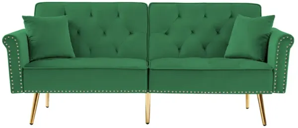 Modern Velvet Tufted Sofa Couch with 2 Pillows and Nailhead Trim, Loveseat Sofa Bed with Metal Legs