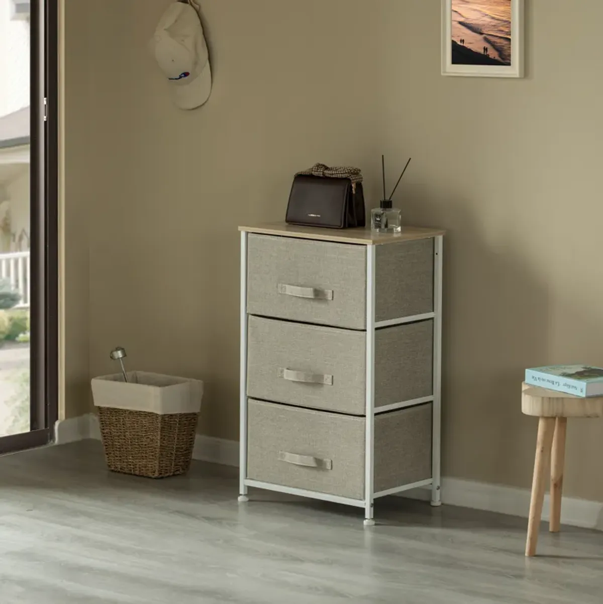 Sand Bins and White Frame Three Storage Night Chest and Storage Chest, Beige, 3 Drawers