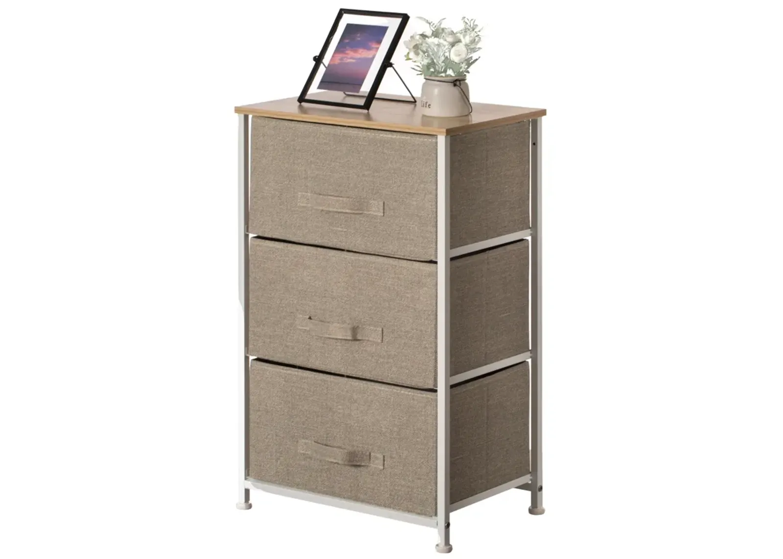 Sand Bins and White Frame Three Storage Night Chest and Storage Chest, Beige, 3 Drawers