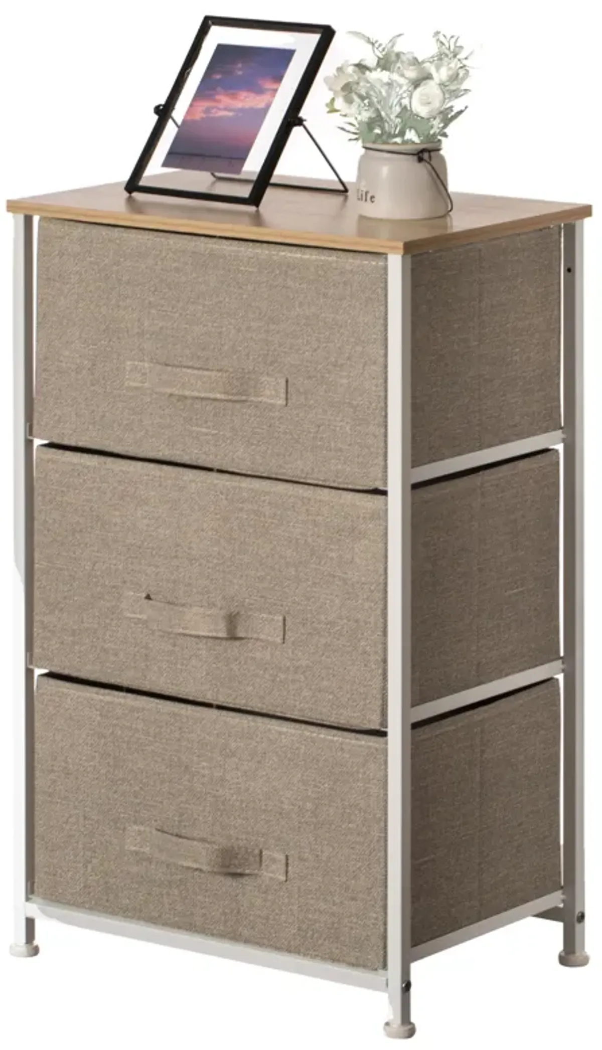 Sand Bins and White Frame Three Storage Night Chest and Storage Chest, Beige, 3 Drawers