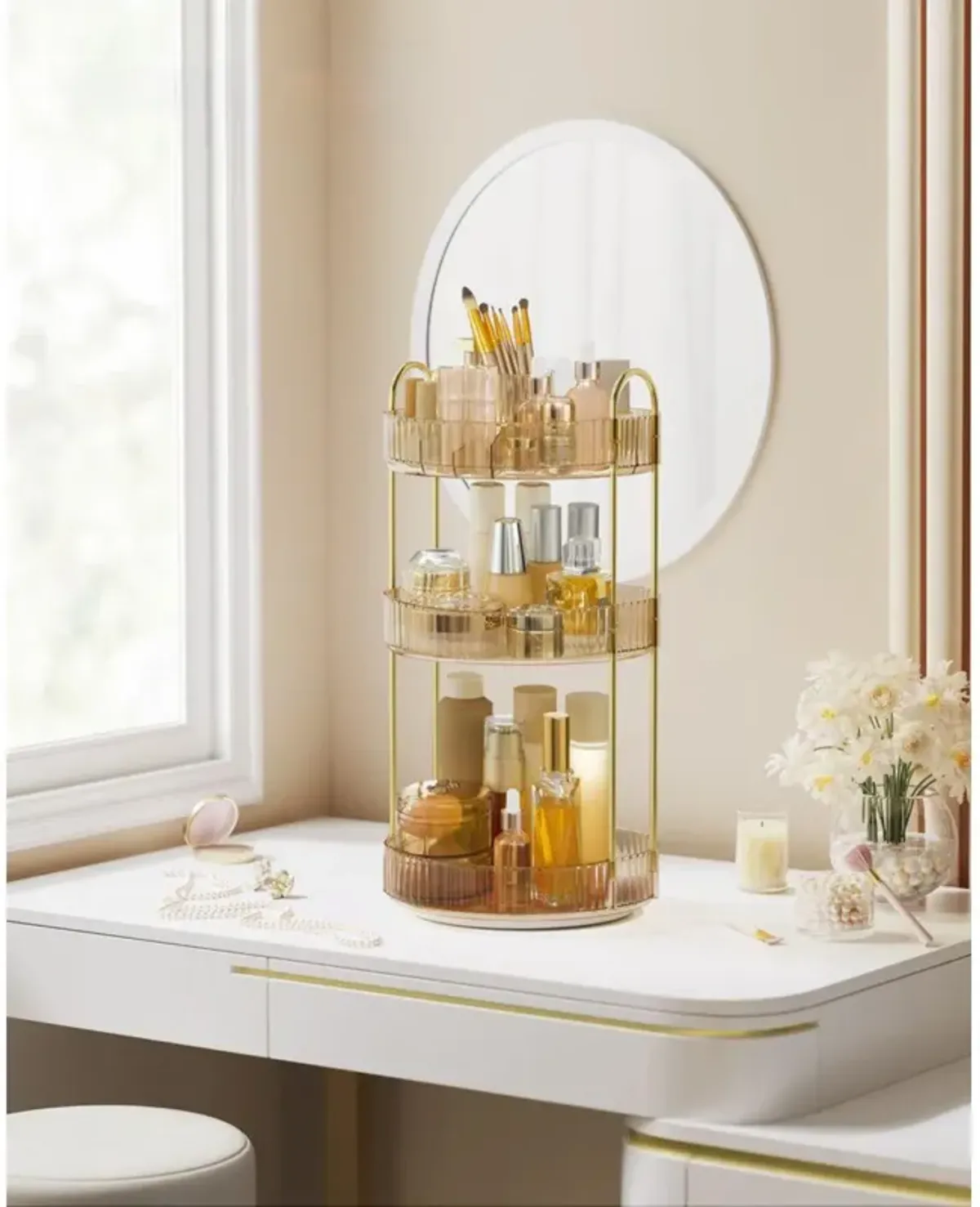 3-Tier Rotating Makeup Organizer Champagne Gold