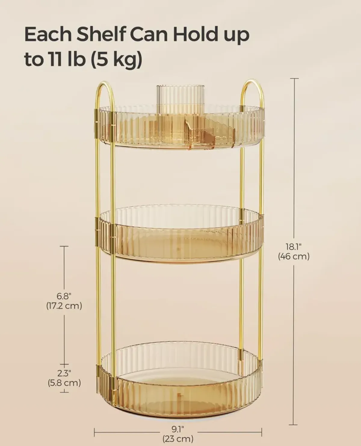 3-Tier Rotating Makeup Organizer Champagne Gold