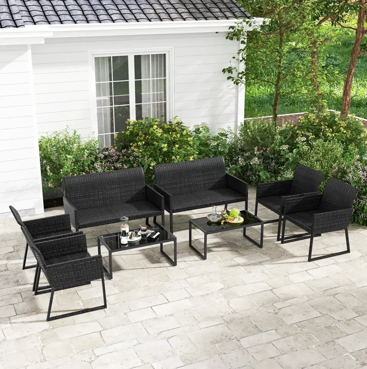 4 Pieces Outdoor Wicker Patio Furniture Set with Quick Dry Foam for Backyard