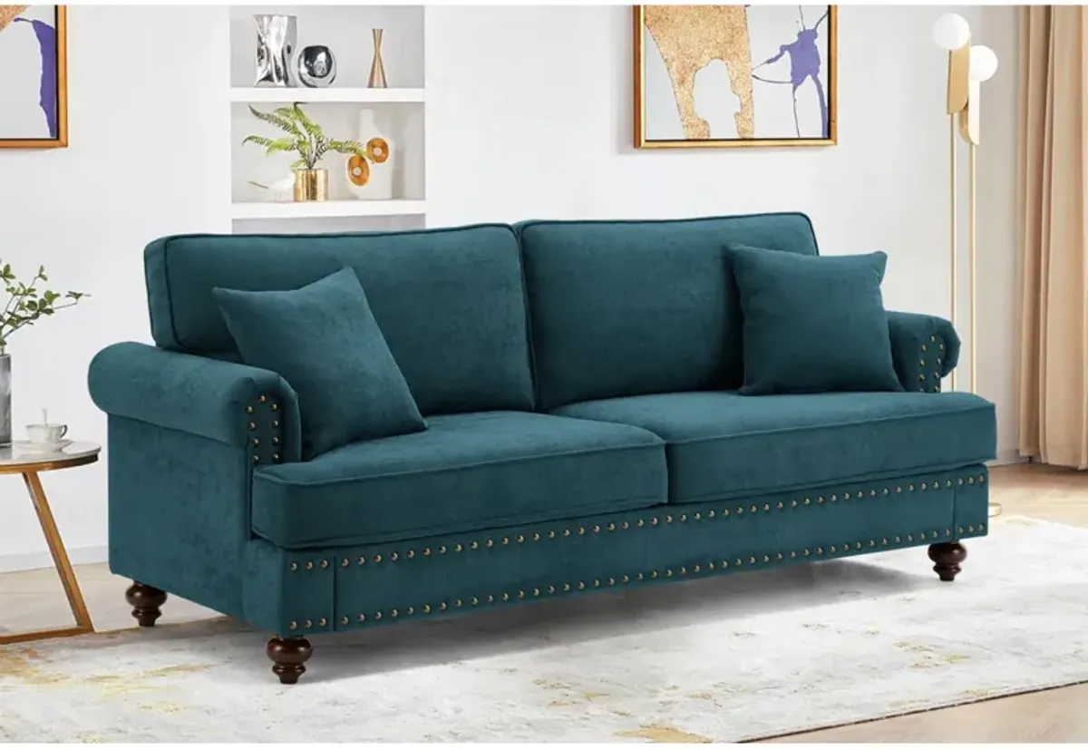 Green Chenille Sectional Sofa with Brown Legs