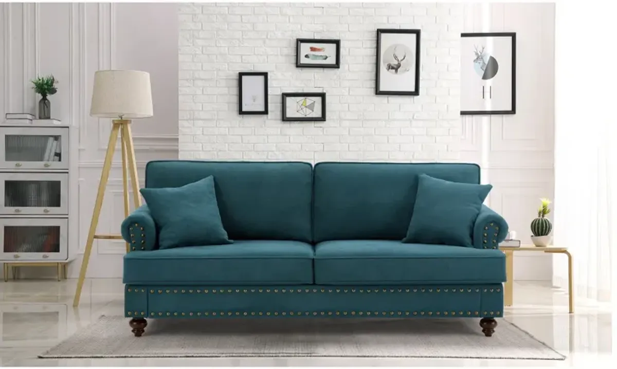 Green Chenille Sectional Sofa with Brown Legs