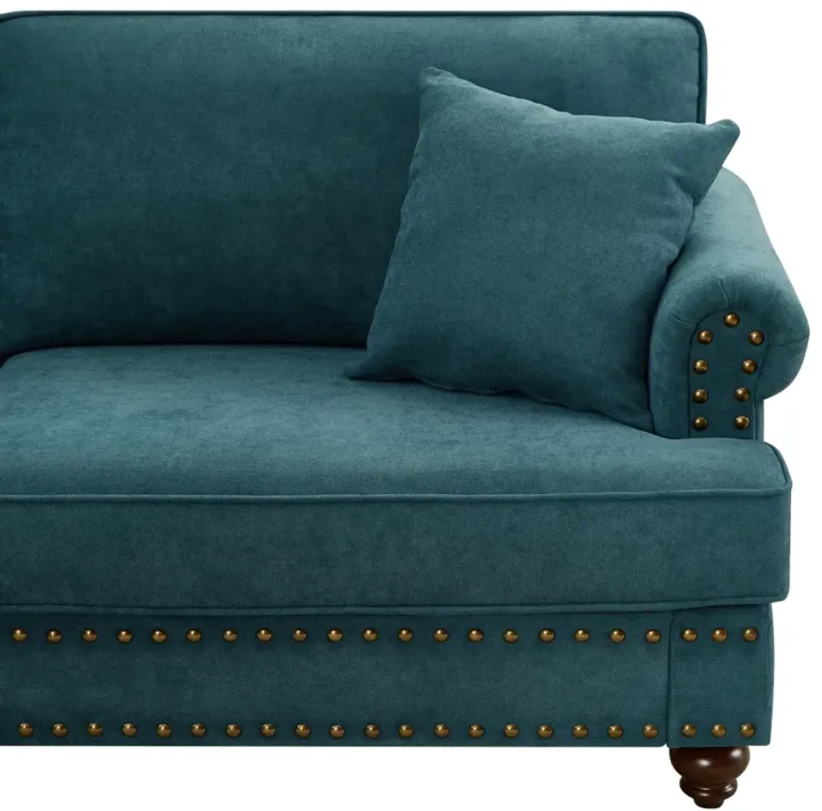 Green Chenille Sectional Sofa with Brown Legs