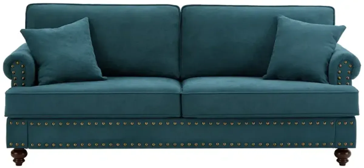 Green Chenille Sectional Sofa with Brown Legs