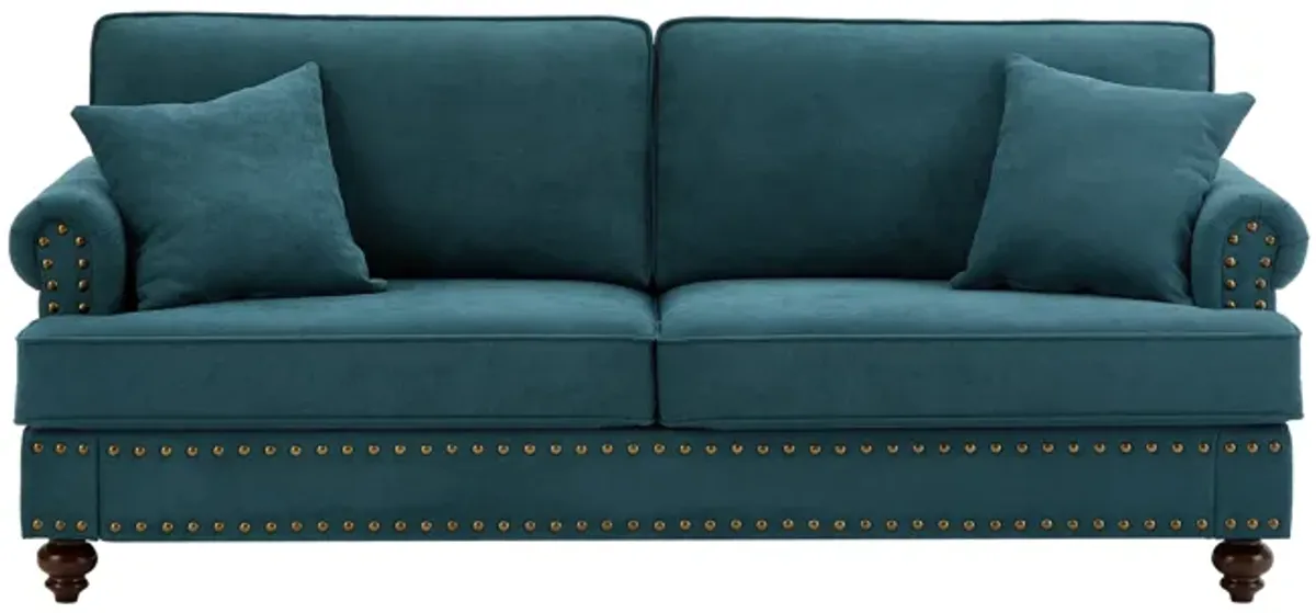 Green Chenille Sectional Sofa with Brown Legs