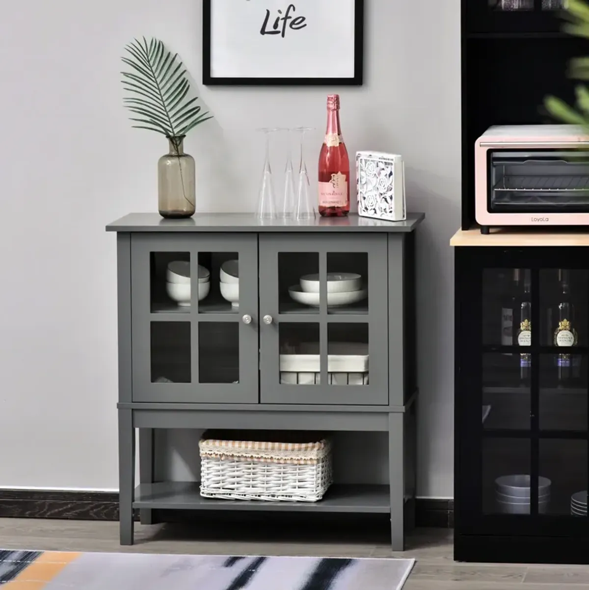 Wood Sturdy Living Room Storage Table Sideboard Buffet with Window Pane Doors