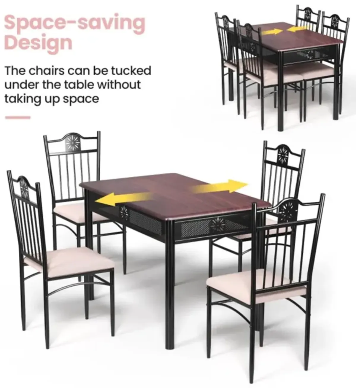 Hivvago 5 Pieces Dining Set Wood Metal Table and 4 Chairs with Cushions