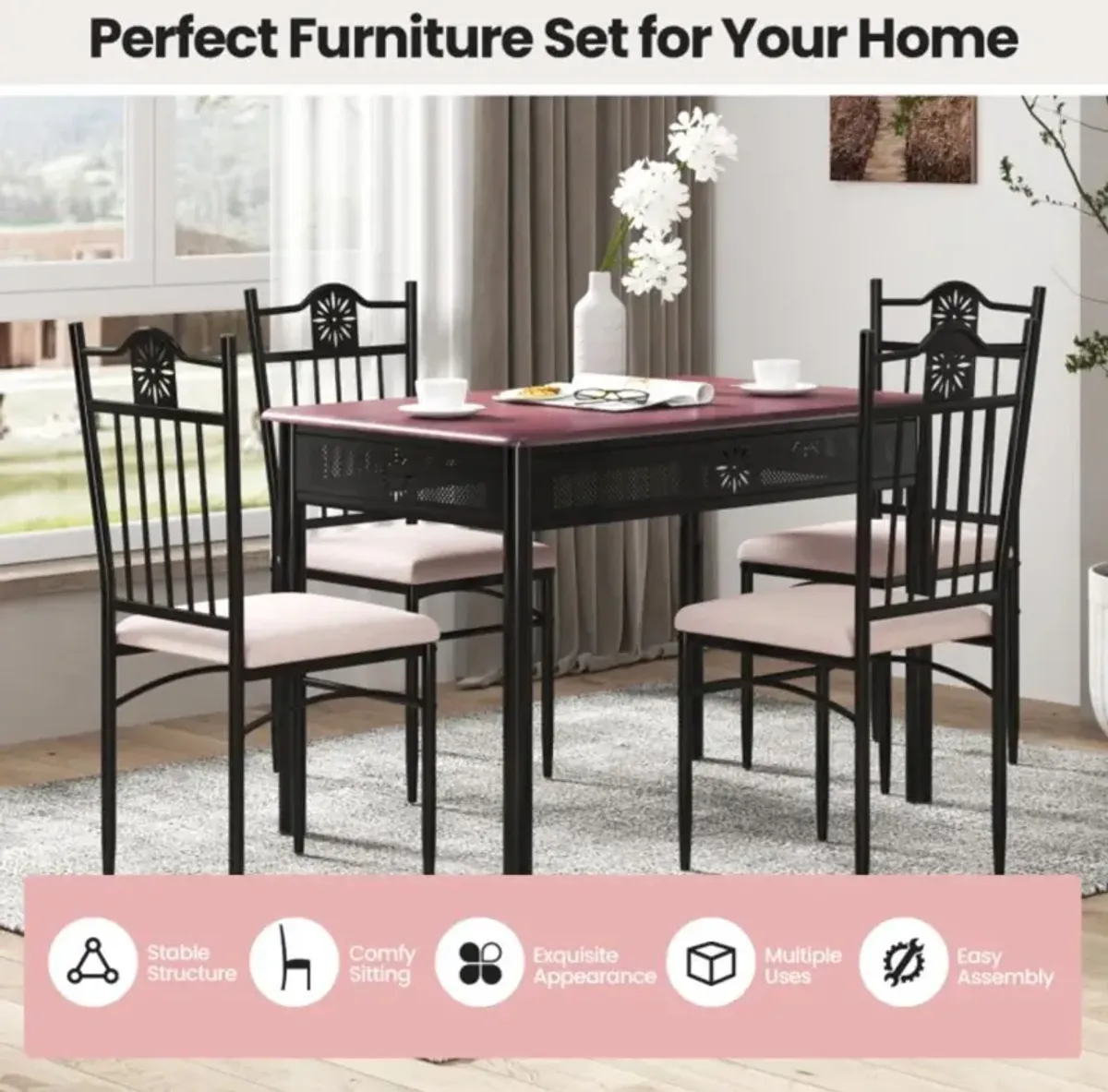 Hivvago 5 Pieces Dining Set Wood Metal Table and 4 Chairs with Cushions