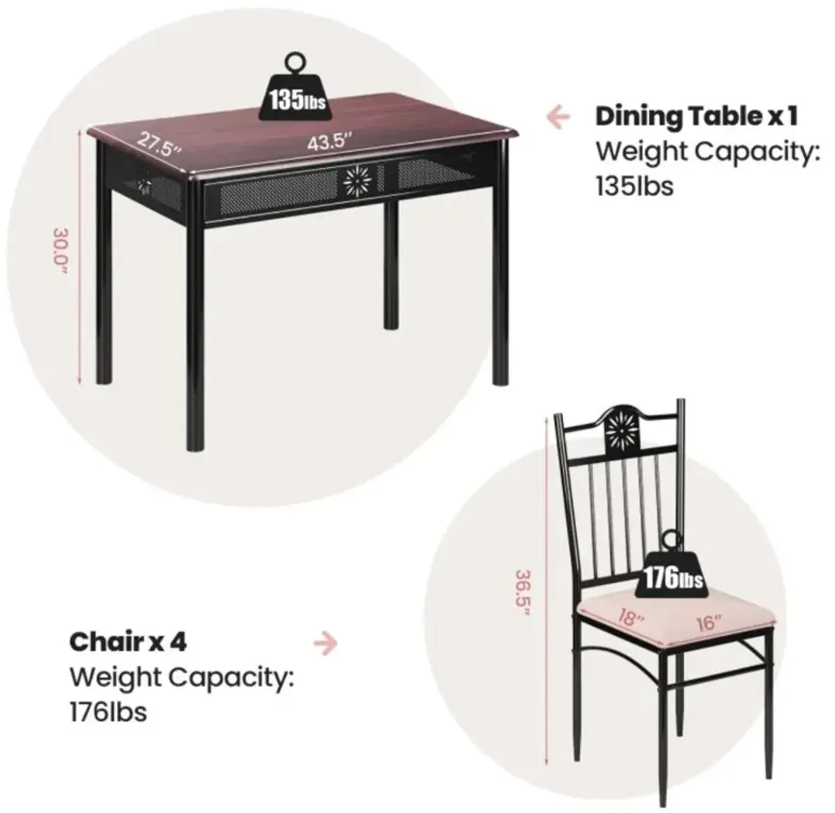 Hivvago 5 Pieces Dining Set Wood Metal Table and 4 Chairs with Cushions