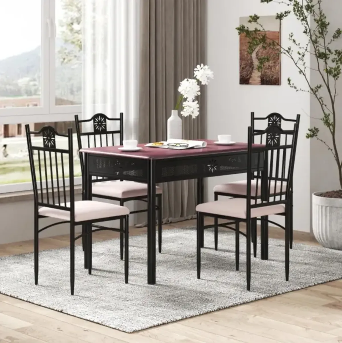 Hivvago 5 Pieces Dining Set Wood Metal Table and 4 Chairs with Cushions