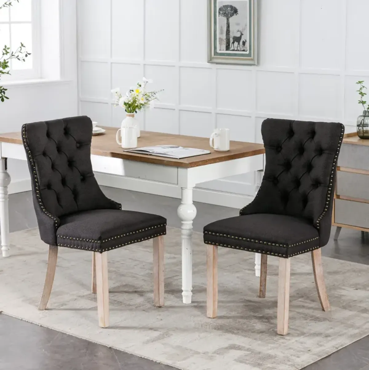 Modern Highend Tufted Dining Chairs, Black Linen, Set of 2