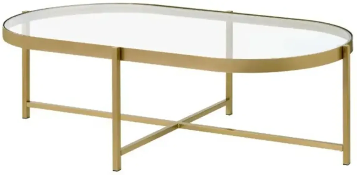 Yadlio Coffee Table, Clear Glass & Gold Finish - Elegant Oval Design with Tempered Glass Top and Cross Metal Base - Modern Aesthetics