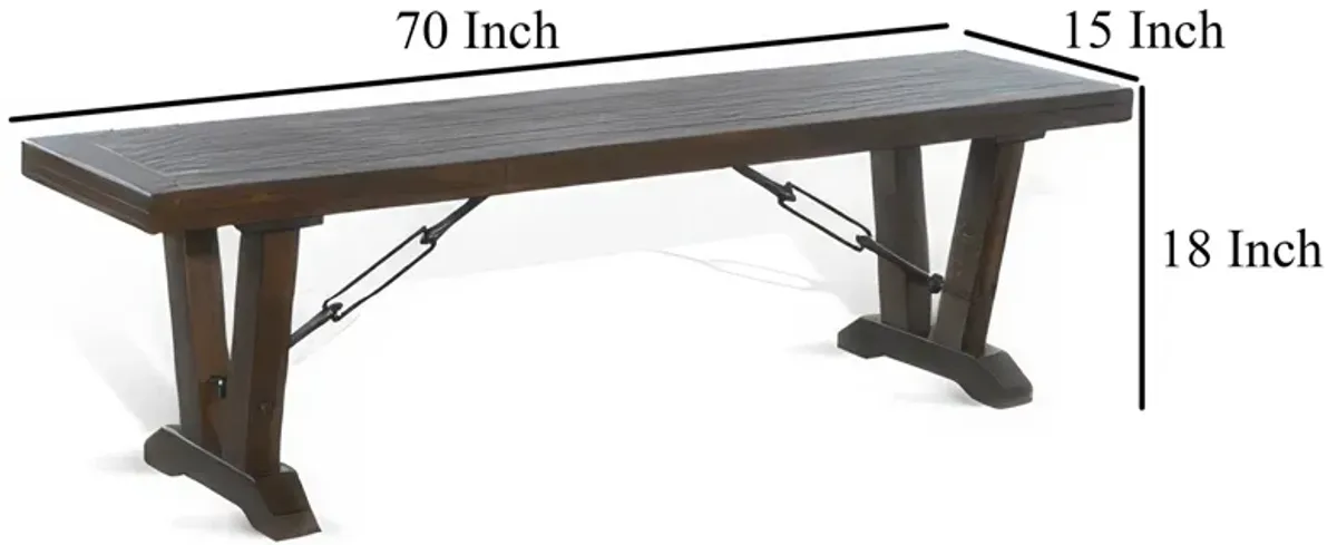 Flint Dining Bench with Turnbuckles, 70 Inch Dark Brown Mahogany Wood - Benzara