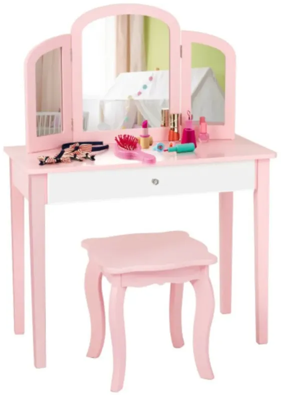 Kids Princess Make Up Dressing Table with Tri-folding Mirror and Chair-Pink