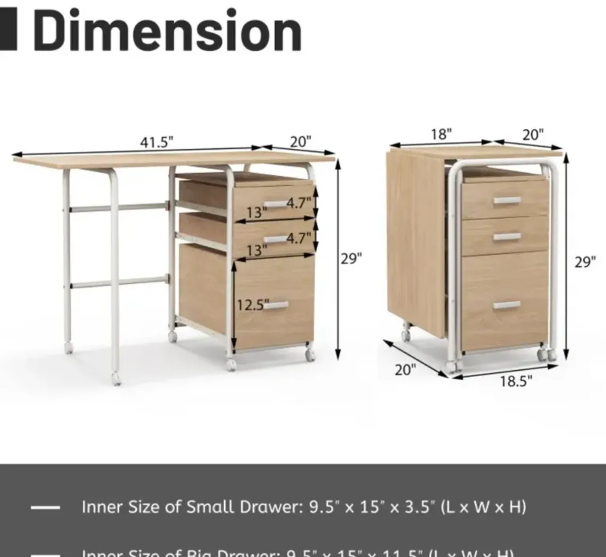 Hivvago Home Office Folding Computer Laptop Desk Wheeled with 3 Drawers