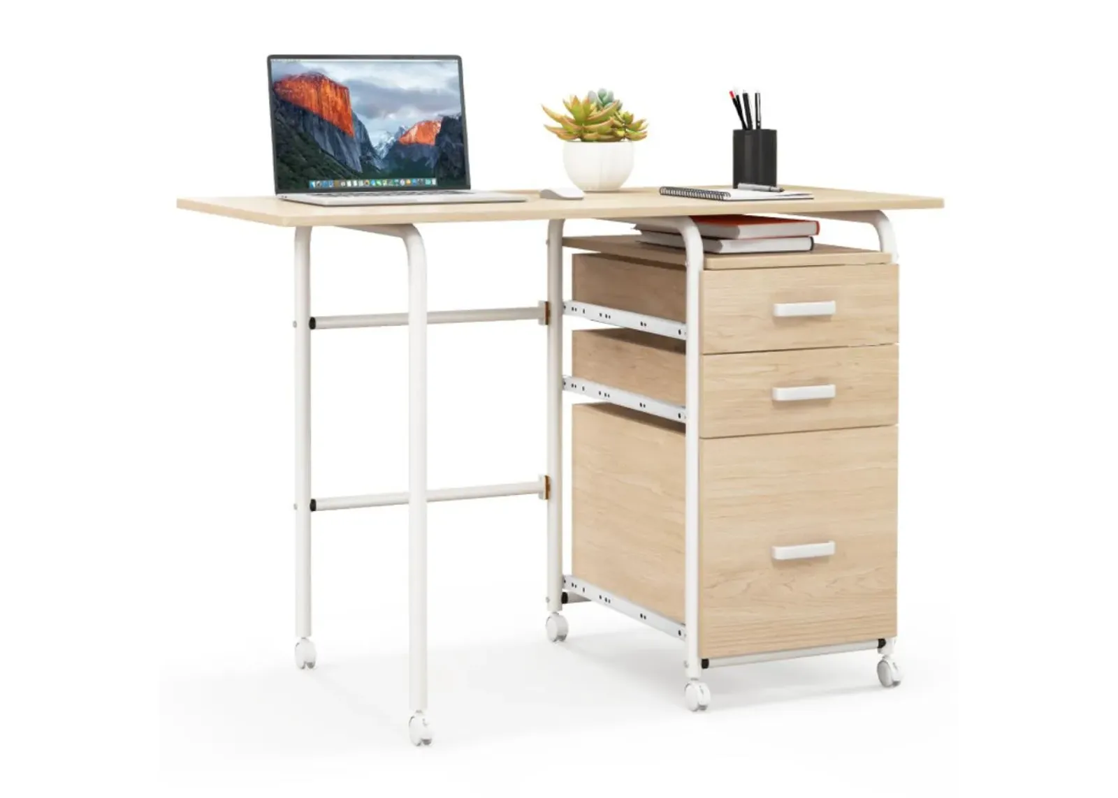 Hivvago Home Office Folding Computer Laptop Desk Wheeled with 3 Drawers