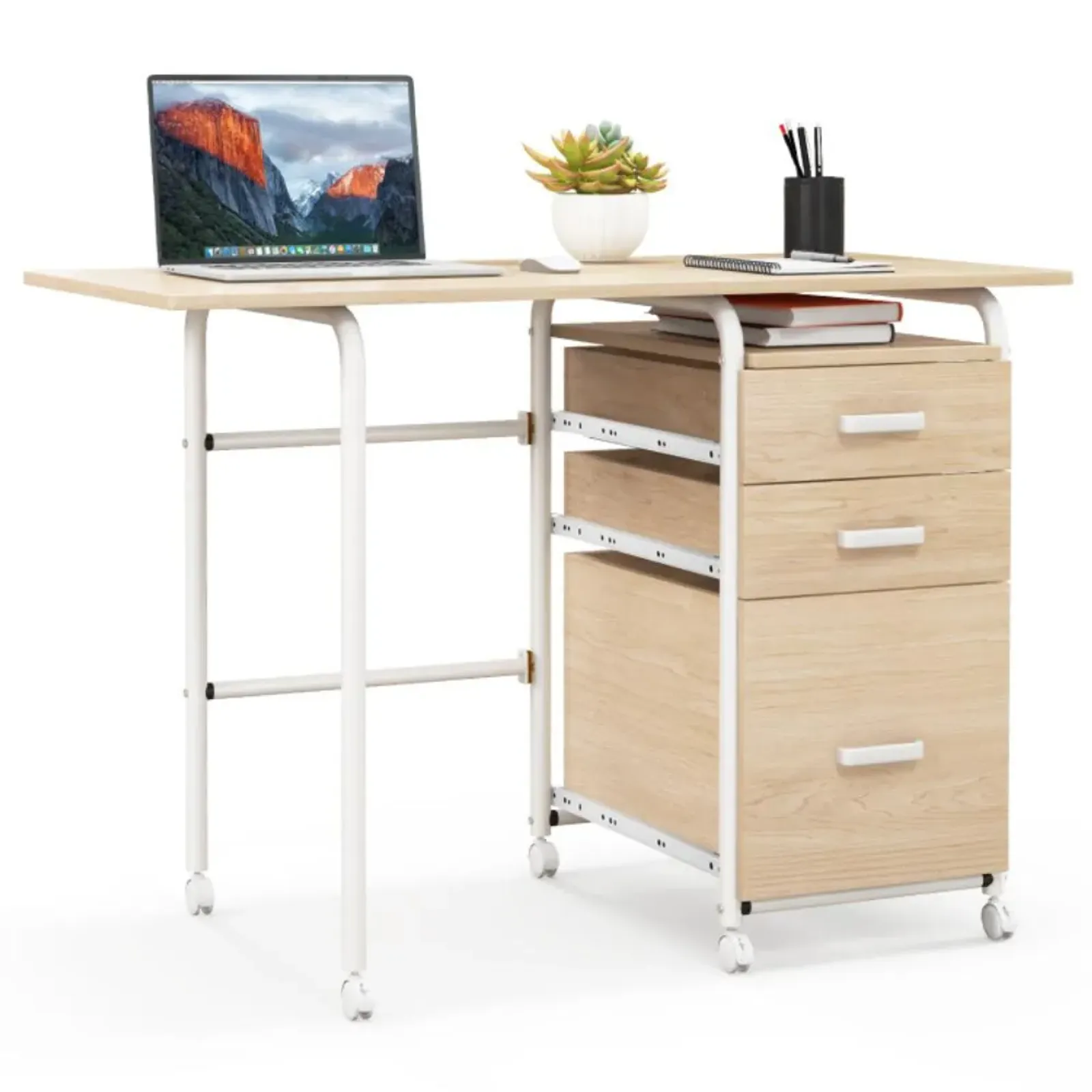 Hivvago Home Office Folding Computer Laptop Desk Wheeled with 3 Drawers