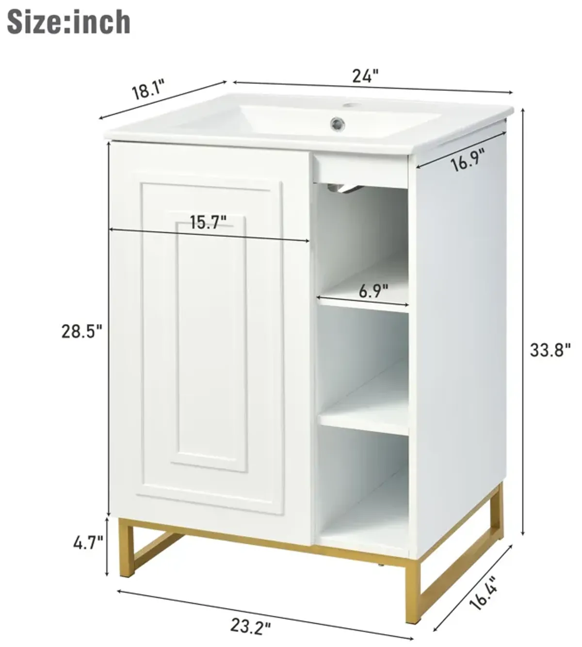 24inch Bathroom Vanity with Sink,Modern Bathroom Vanity Set,with Ceramic Sink,Gold Legs and Semi-Open Storage,for Small Space Bathroom(White)