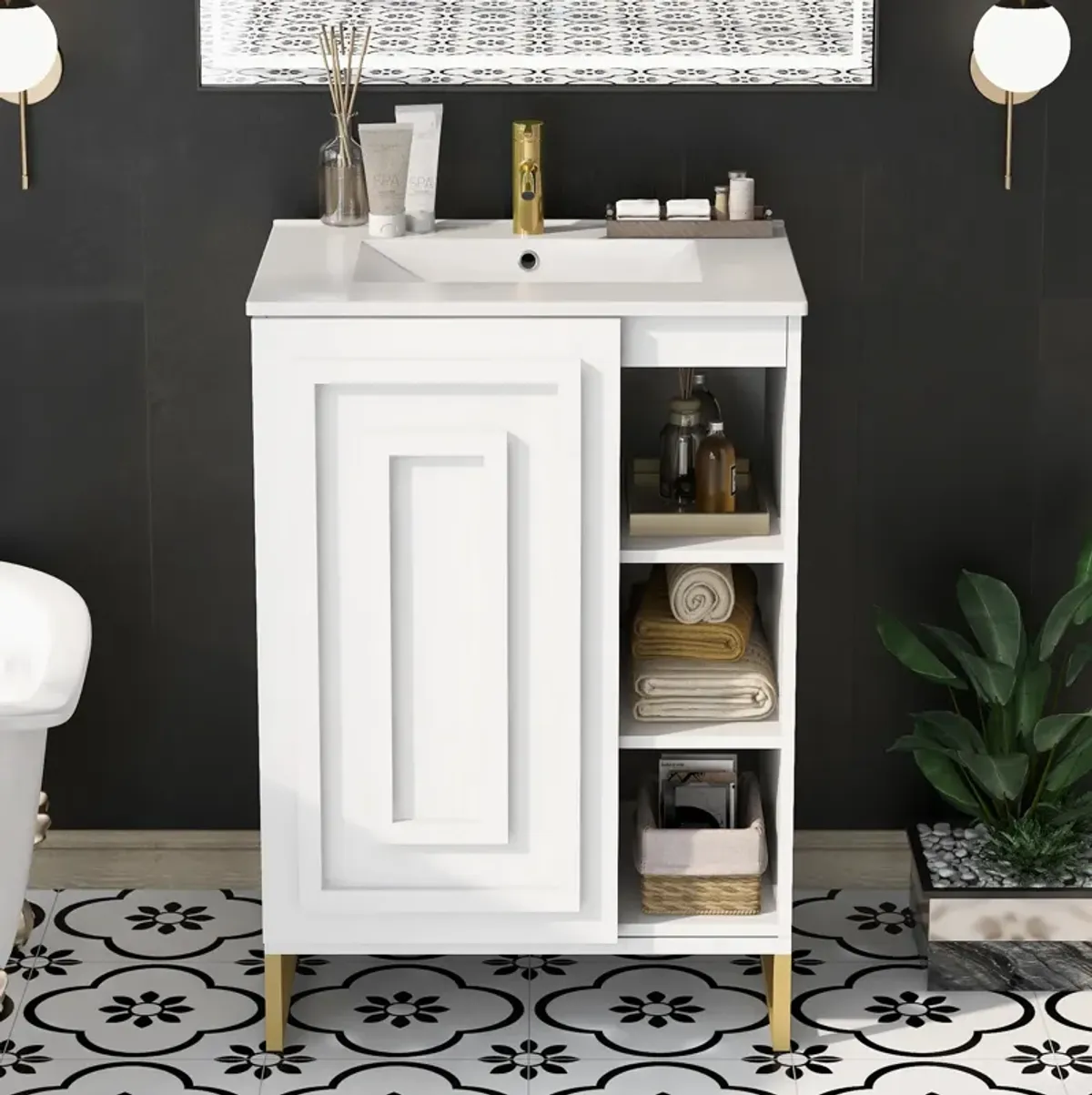 24inch Bathroom Vanity with Sink,Modern Bathroom Vanity Set,with Ceramic Sink,Gold Legs and Semi-Open Storage,for Small Space Bathroom(White)