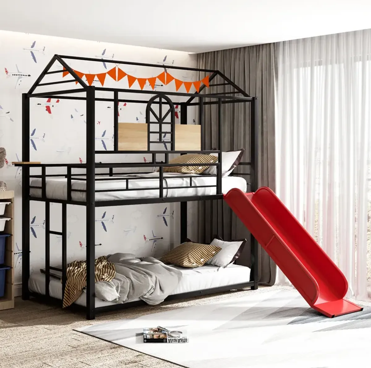 Merax Metal Bunk Bed House Bed With Slide