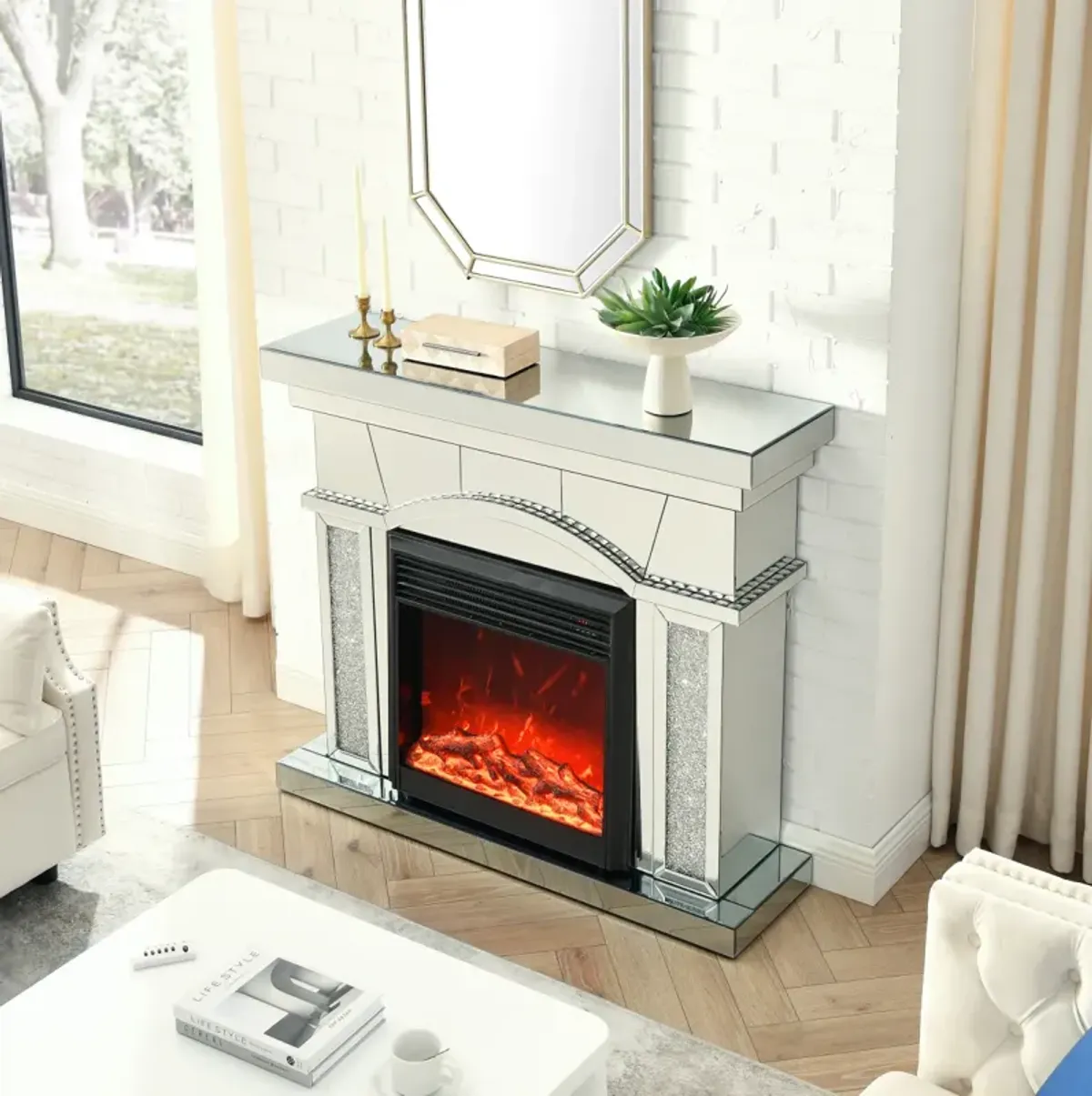 Streamdale 46" x 12.5" x 41" Acrylic Mirrored Fireplace Cabinet