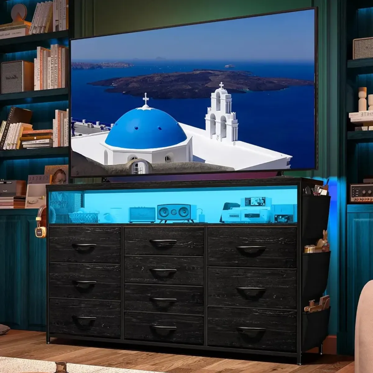 Black 55" TV Stand for Bedroom with Power Outlets and LED Lights