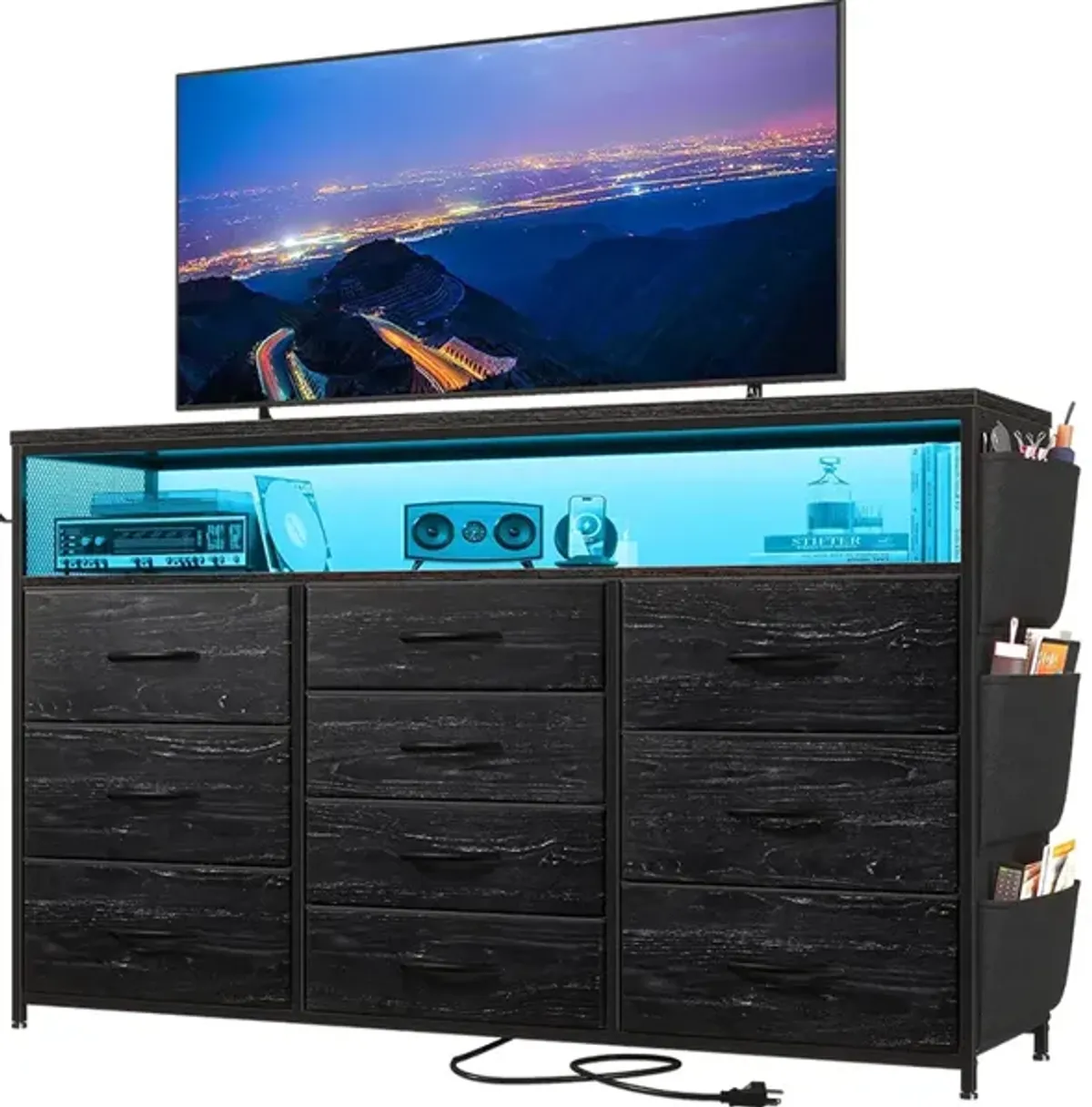 Black 55" TV Stand for Bedroom with Power Outlets and LED Lights