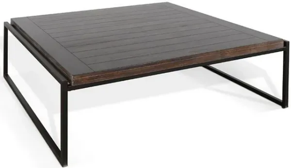 Lery Coffee Table, Dark Brown 50 Inch Square Wood Top, Black Metal - Benzara