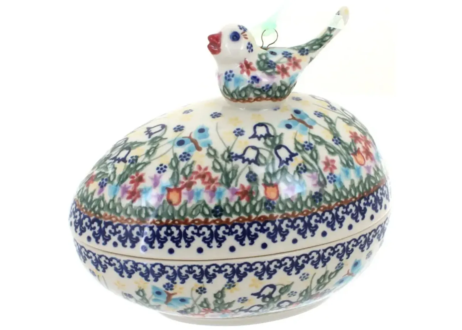 Blue Rose Polish Pottery Butterfly Egg Box with Bird