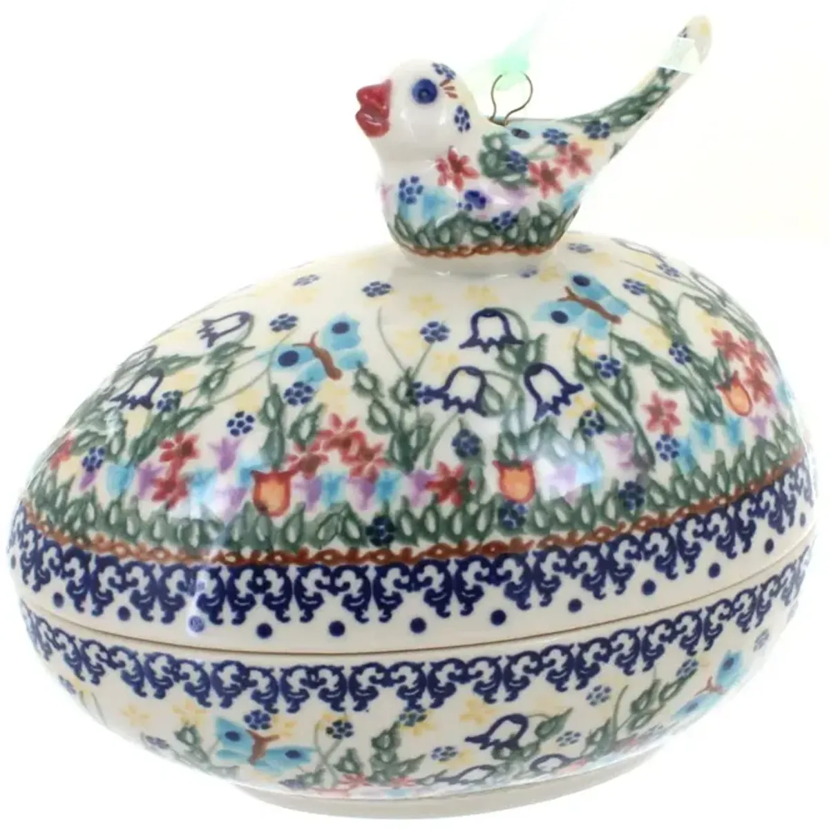 Blue Rose Polish Pottery Butterfly Egg Box with Bird