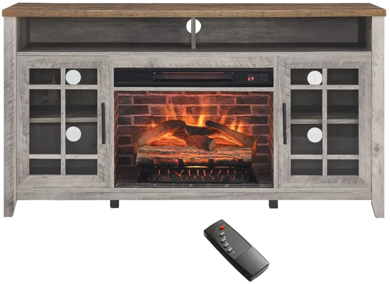 MONDAWE 55 Inch TV Media Stand with Electric Fireplace KD Inserts Heater,Gray Wash Color