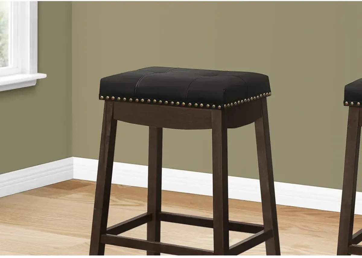 Monarch Specialties I 1260 Bar Stool, Set Of 2, Bar Height, Saddle Seat, Wood, Pu Leather Look, Black, Brown, Transitional