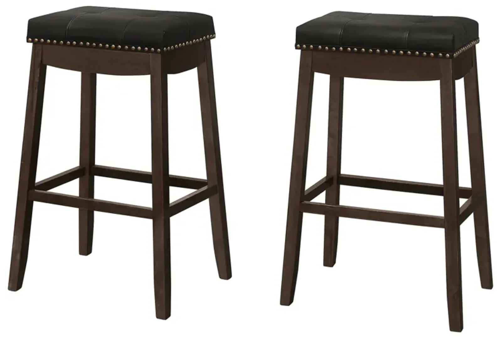 Monarch Specialties I 1260 Bar Stool, Set Of 2, Bar Height, Saddle Seat, Wood, Pu Leather Look, Black, Brown, Transitional