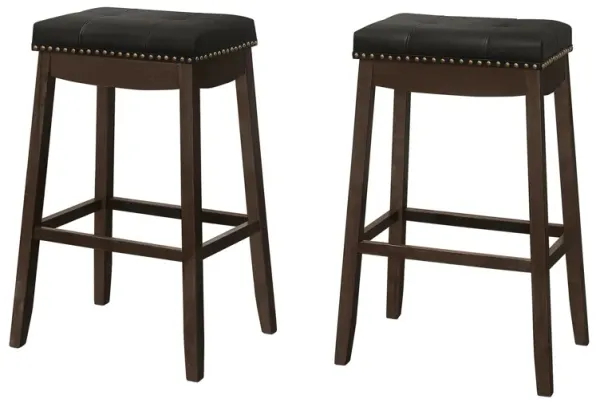 Monarch Specialties I 1260 Bar Stool, Set Of 2, Bar Height, Saddle Seat, Wood, Pu Leather Look, Black, Brown, Transitional