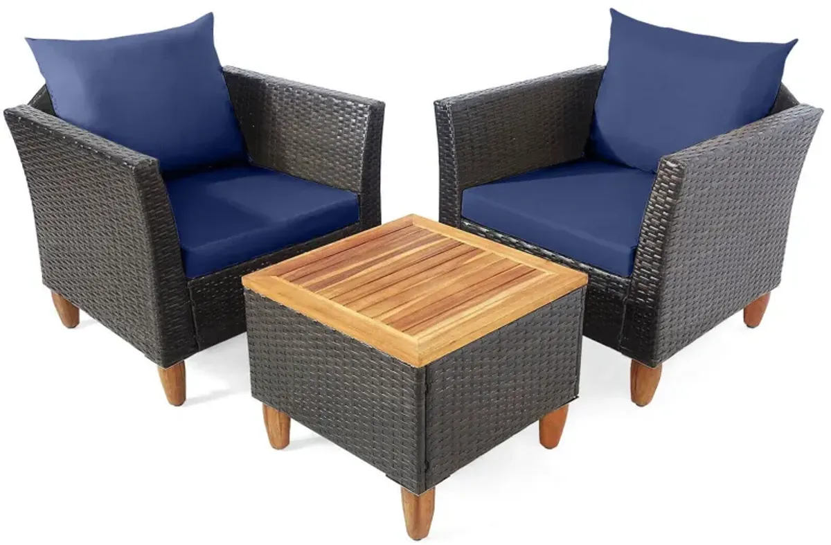 3 Pieces Patio Rattan Bistro Furniture Set with Wooden Table Top