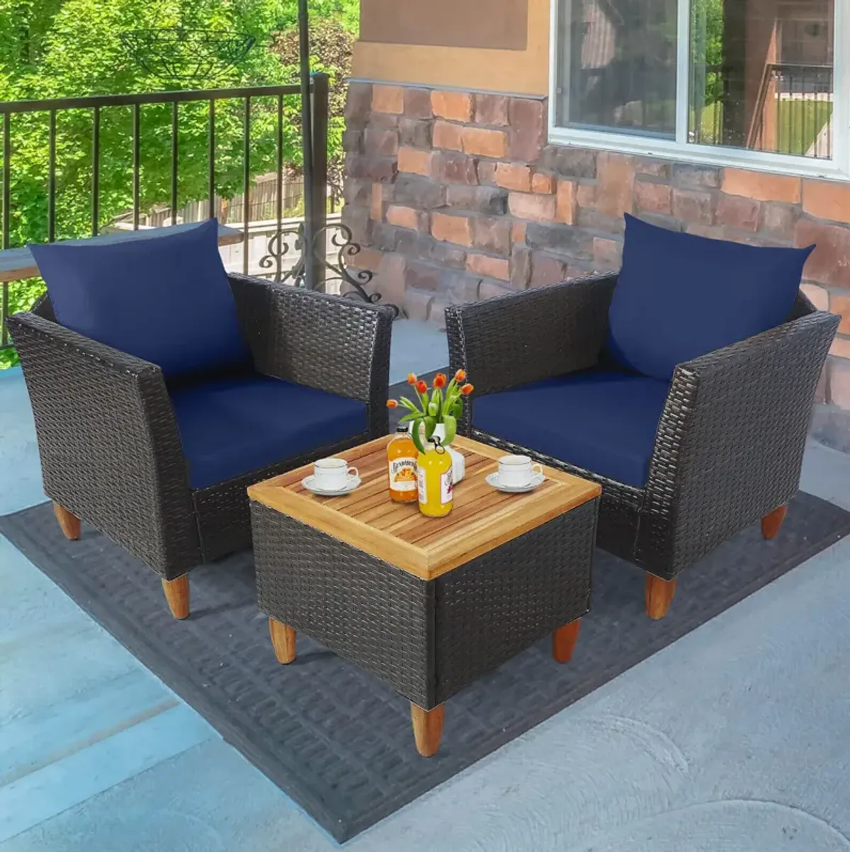 3 Pieces Patio Rattan Bistro Furniture Set with Wooden Table Top